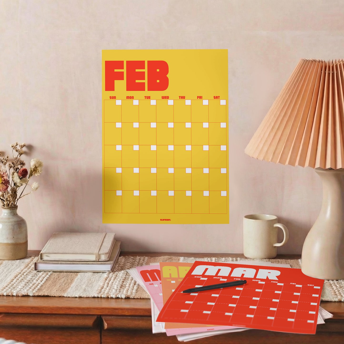 Retro Undated Wall Planner: Perpetual Monthly Calendar, Recycled Paper