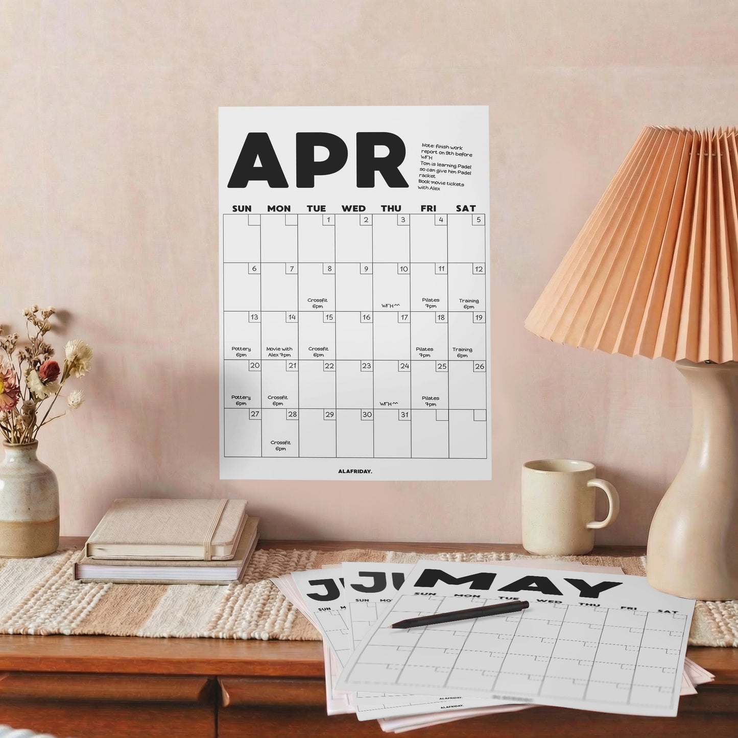 Minimalist Undated Wall Planner: Perpetual Monthly Calendar, Recycled Paper