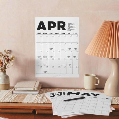 Minimalist Undated Wall Planner: Perpetual Monthly Calendar, Recycled Paper