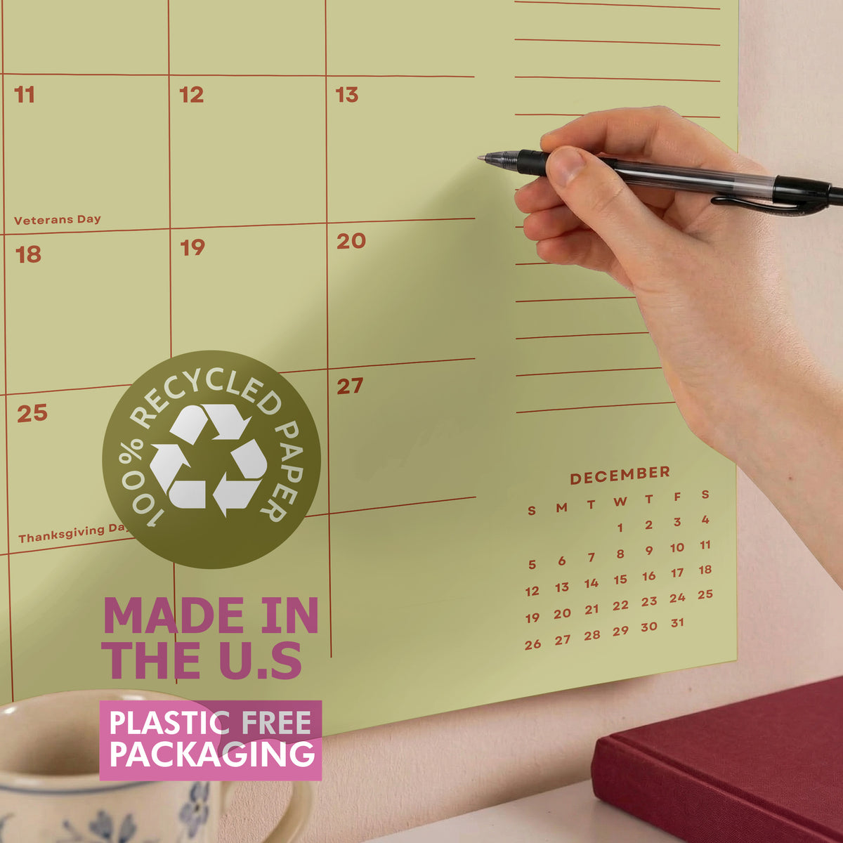 2027 Wall Calendar: Pastel Color, Recycled Paper