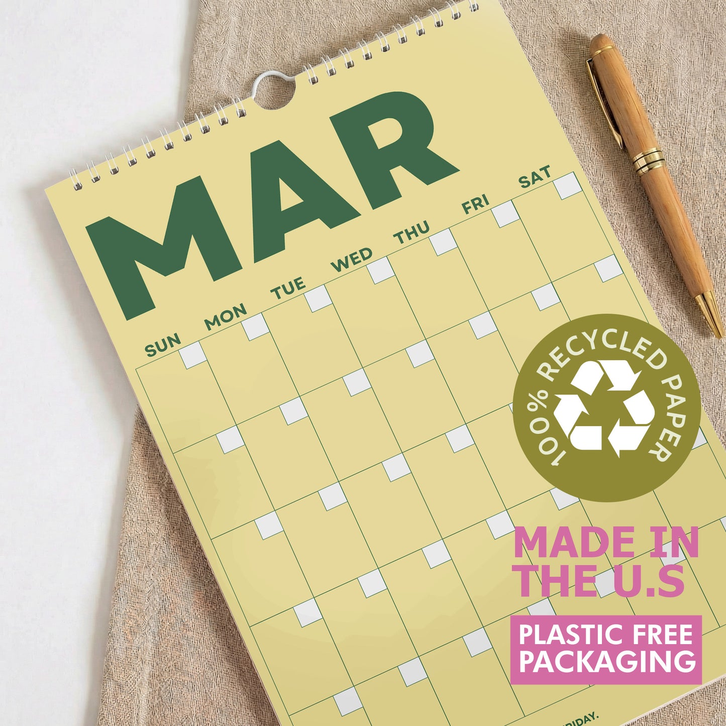 Colorful Undated Wall Planner: Perpetual Monthly Calendar, Recycled Paper