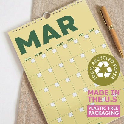 Colorful Undated Wall Planner: Perpetual Monthly Calendar, Recycled Paper
