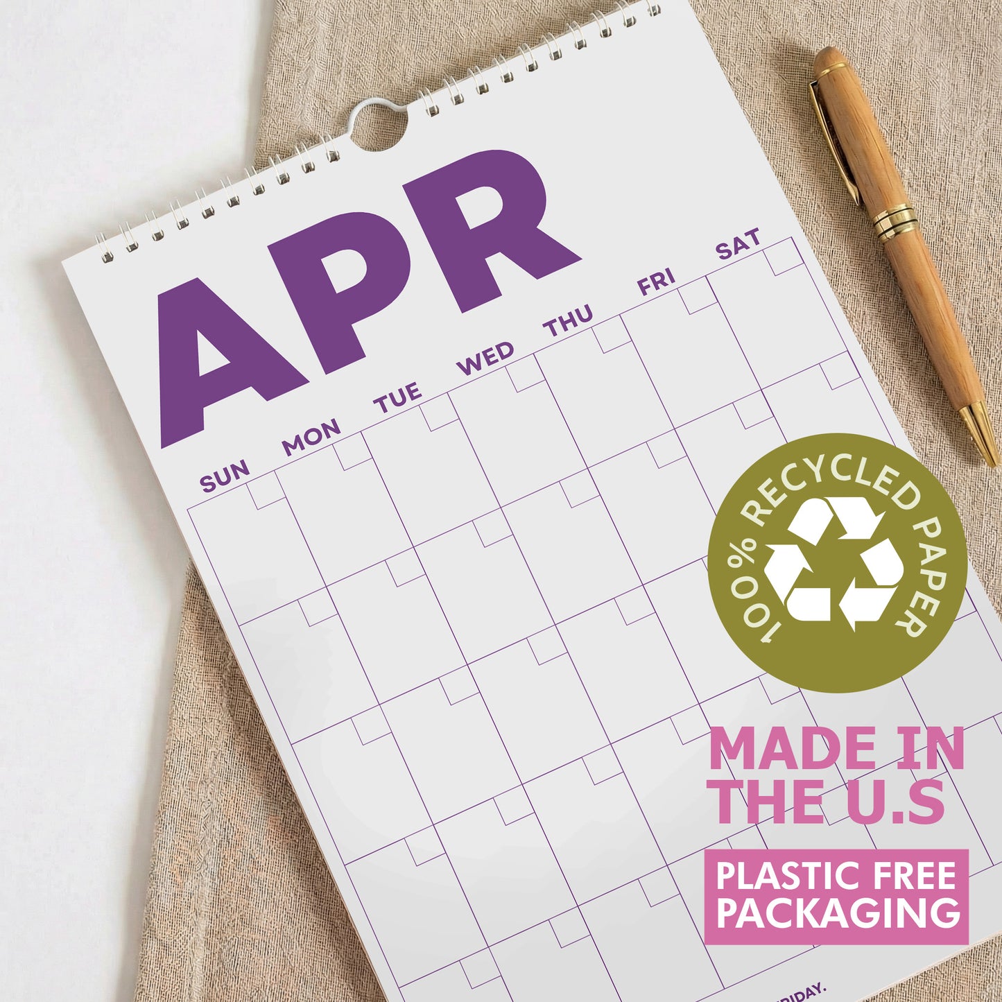 Bright Color Undated Wall Planner: Perpetual Monthly Calendar, Recycled Paper