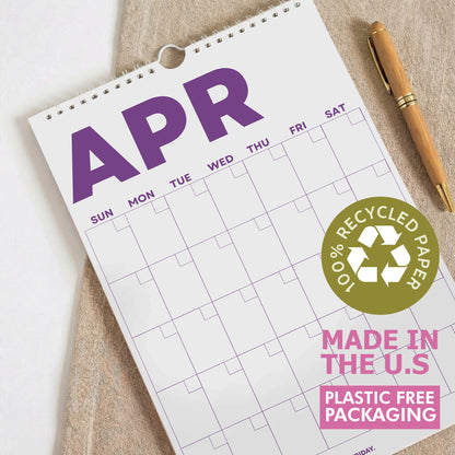 Bright Color Undated Wall Planner: Perpetual Monthly Calendar, Recycled Paper