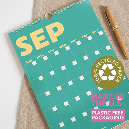 Colorful Undated Wall Planner: Perpetual Monthly Calendar, Recycled Paper