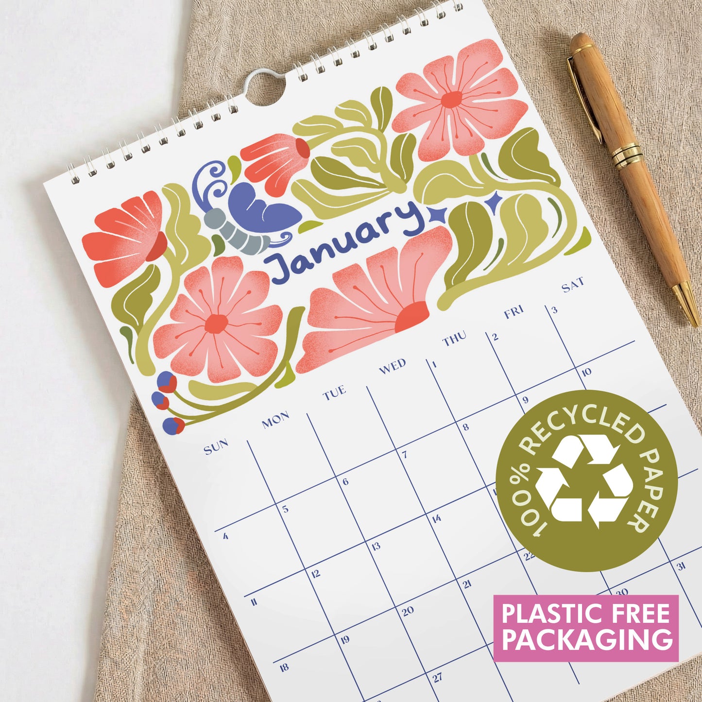 2026 Floral Wall Calendar, A3, Recycled Paper, Monthly Planner
