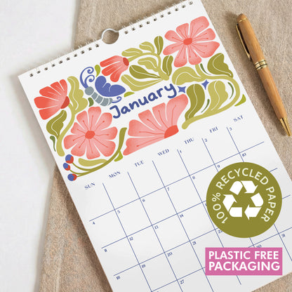 2026 Floral Wall Calendar, A3, Recycled Paper, Monthly Planner