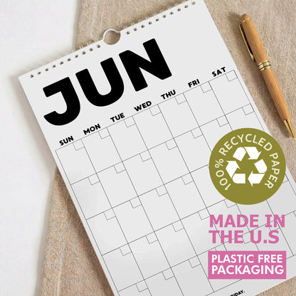 Minimalist Undated Wall Planner: Perpetual Monthly Calendar, Recycled Paper