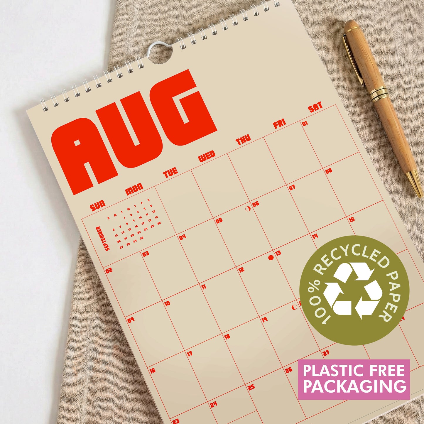 2026 Retro Wall Calendar, Monthly View, Recycled Paper