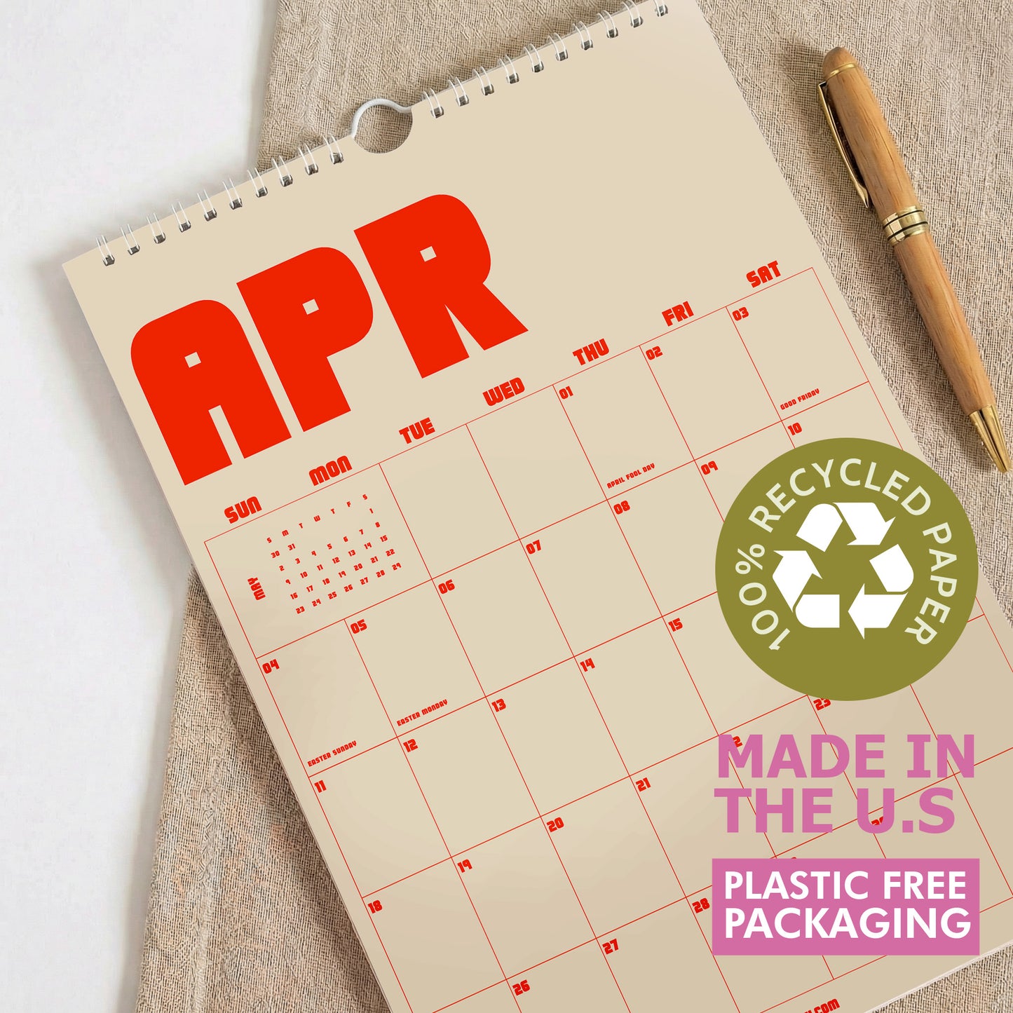 2027 Wall Calendar, Retro Design, Recycled Paper