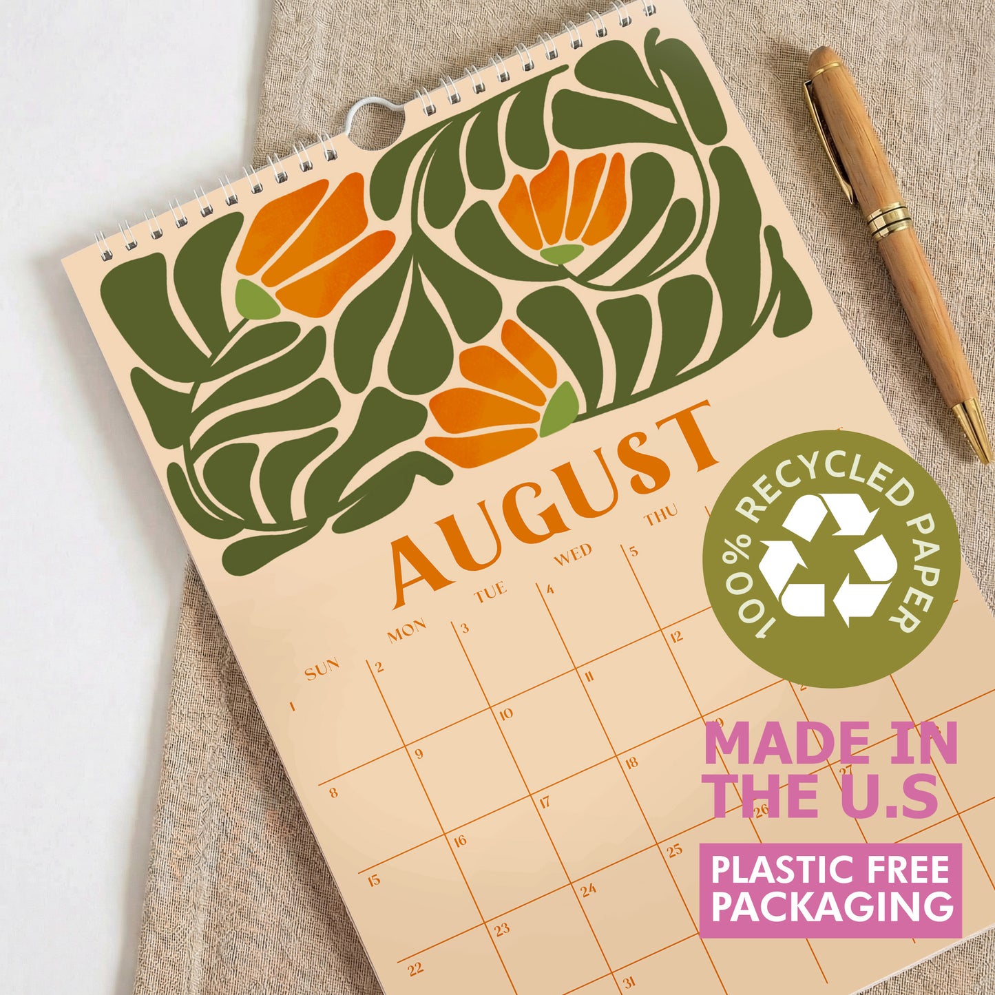2027 Wall Calendar, Retro Flowers Design, Recycled Paper