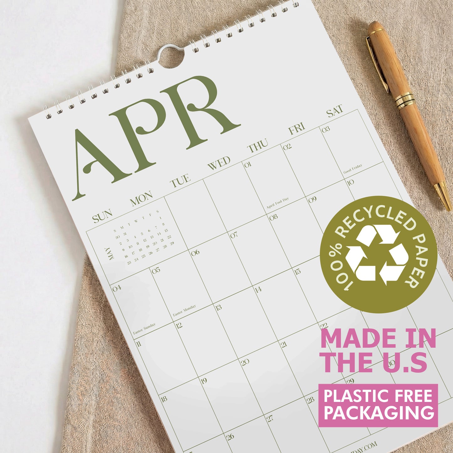 2027 Wall Calendar, Matcha Design, Recycled Paper