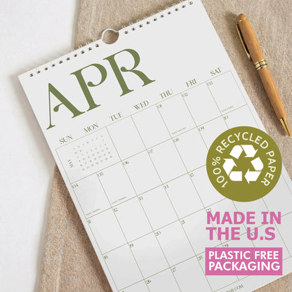 2027 Wall Calendar, Matcha Design, Recycled Paper