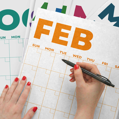 Bright Color Undated Wall Planner: Perpetual Monthly Calendar, Recycled Paper