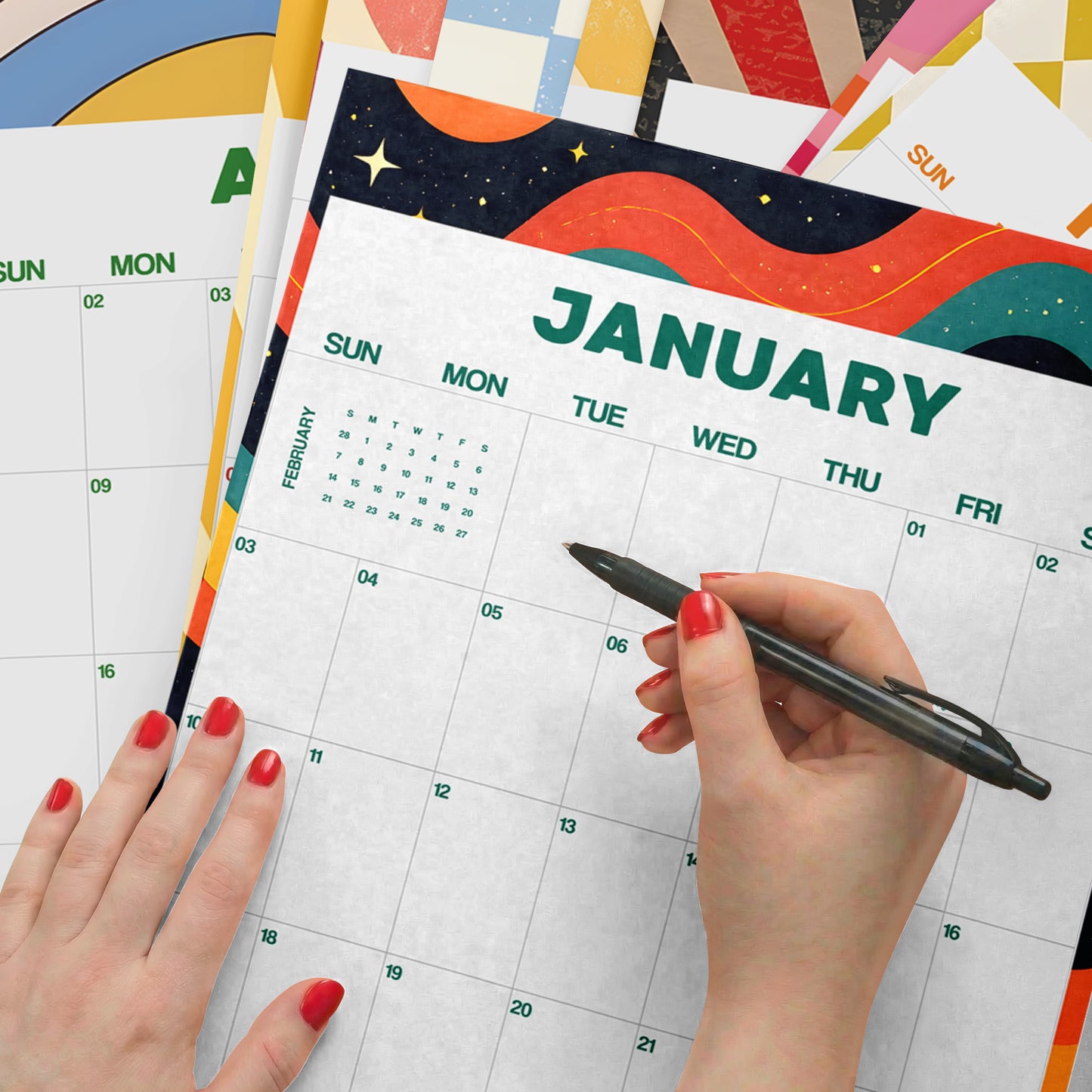2027 Wall Calendar, Retro Art Design, Recycled Paper