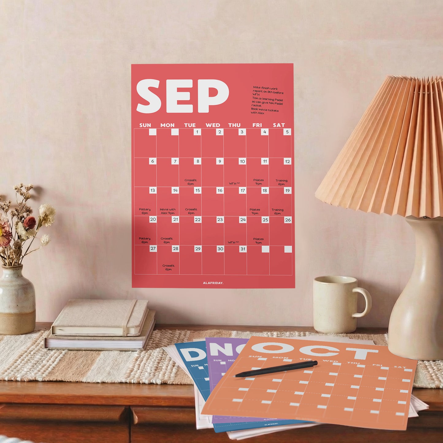 Colorful Undated Wall Planner: Perpetual Monthly Calendar, Recycled Paper