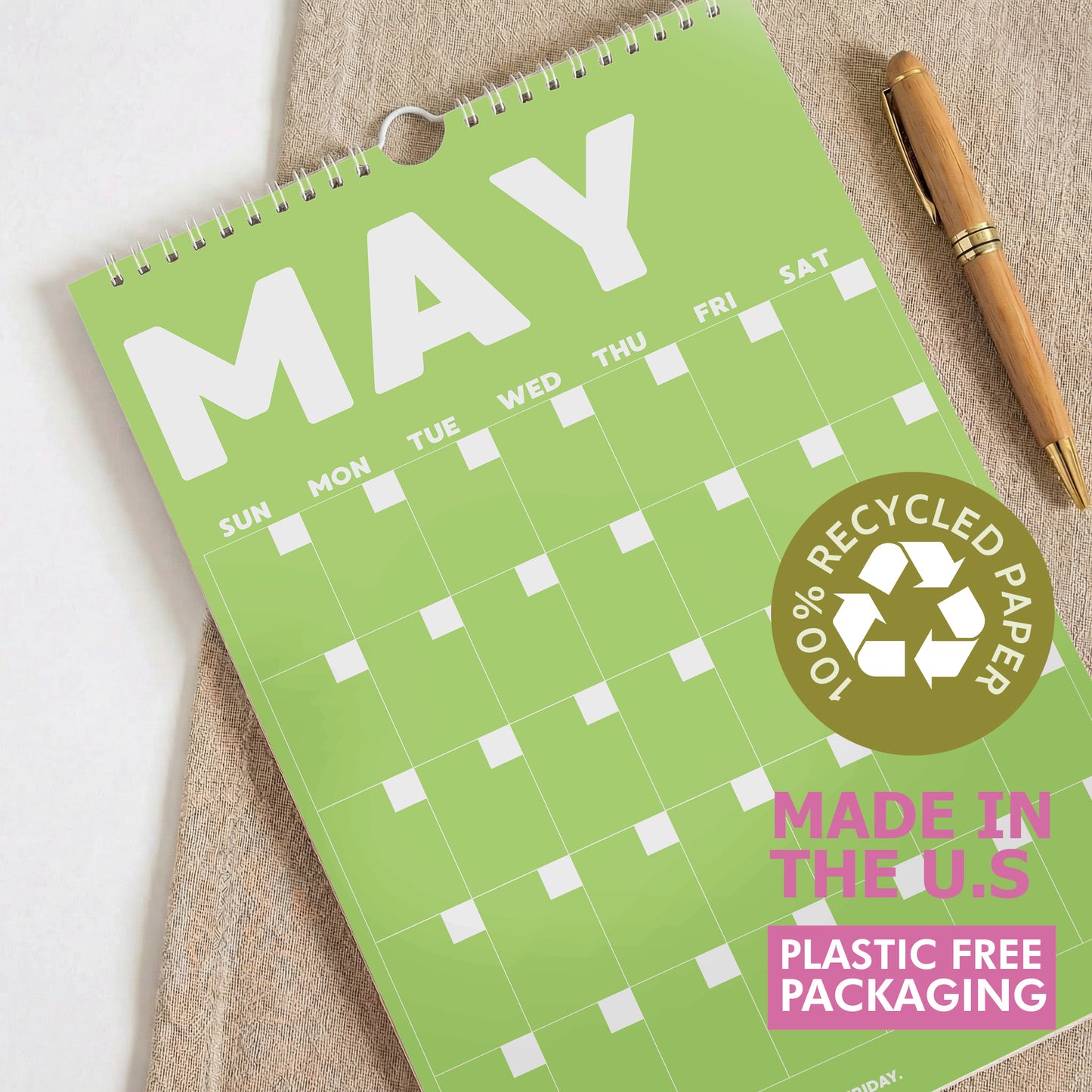 Colorful Undated Wall Planner: Perpetual Monthly Calendar, Recycled Paper