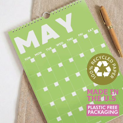Colorful Undated Wall Planner: Perpetual Monthly Calendar, Recycled Paper