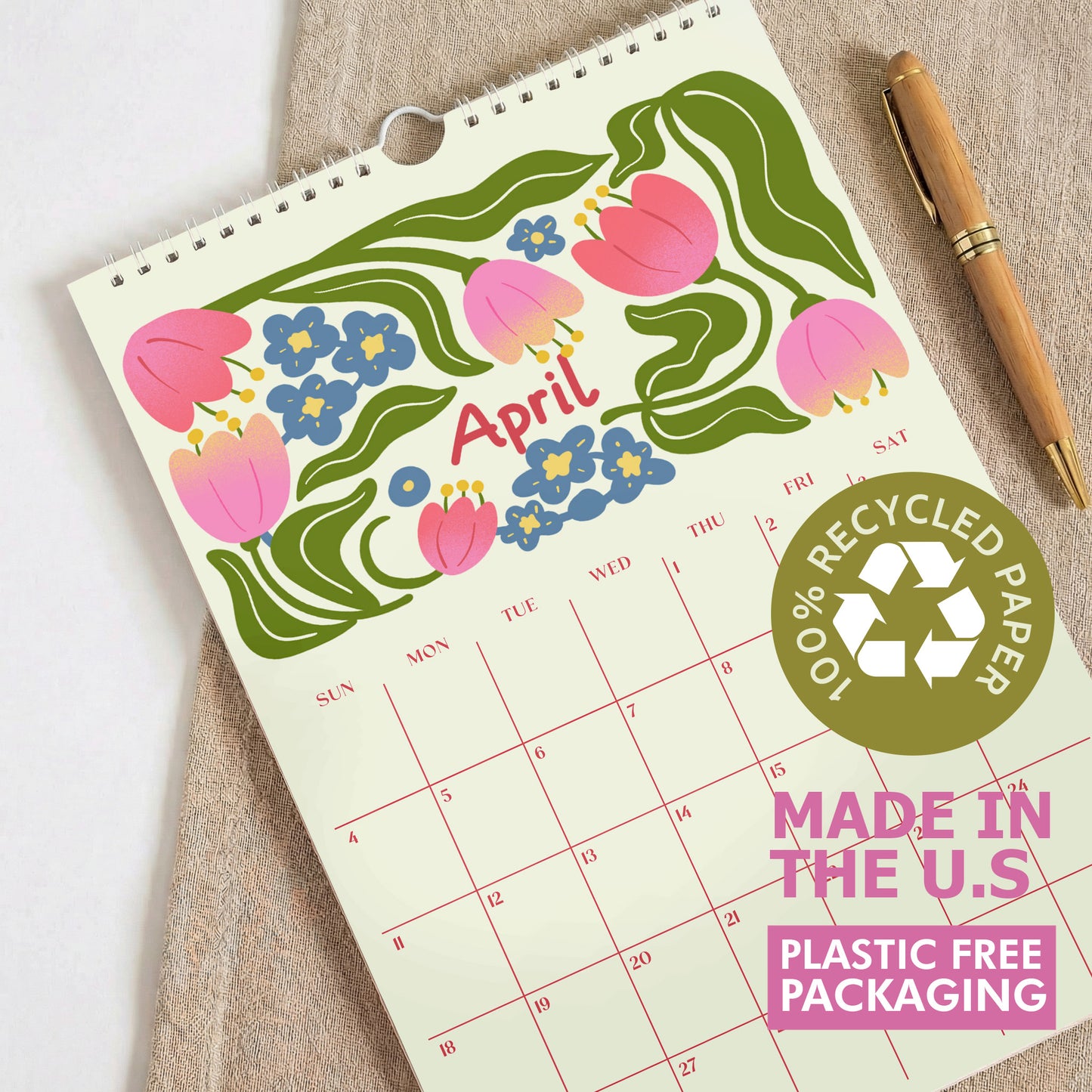 2027 Wall Calendar, Retro Flowers Design, Recycled Paper