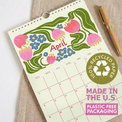 2027 Wall Calendar, Retro Flowers Design, Recycled Paper