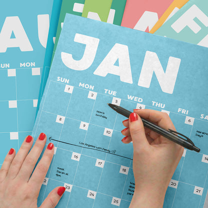 Colorful Undated Wall Planner: Perpetual Monthly Calendar, Recycled Paper